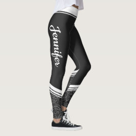 Stilvolle schwarz-blumenweiße Streifen und Name mo Leggings