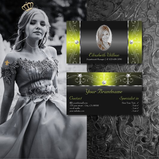 Stilvolle Schwarz-Gelb-Schnörkel mit Foto Visitenkarte