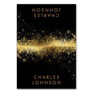 Stilvolle Schwarz-Gold-Schneeflocken   PLATZKARTEN Tischnummer