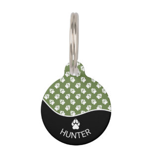 Stilvolle schwarz-grüne Hundepaws-Muster und -Name Haustiermarke
