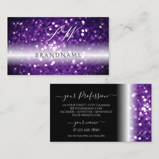 Stilvolle Schwarz Lila Sparkling Glitzer Initials Visitenkarte (Vorne/Hinten)