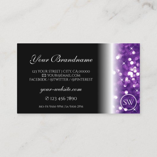 Stilvolle Schwarz Lila Sparkling Glitzer Monogram Visitenkarte (Rückseite)