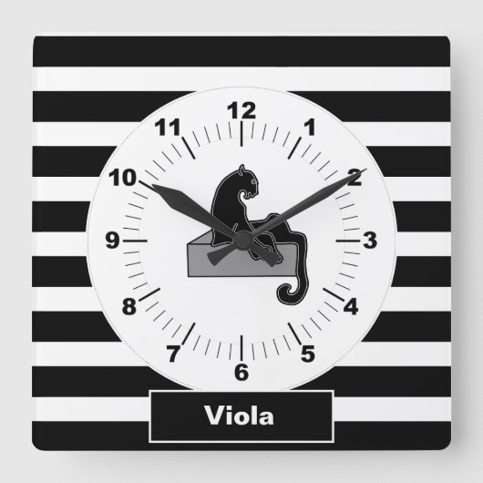 Stilvolle Schwarz Panther Cat Weiß Moderne Quadratische Wanduhr (Vorderseite)