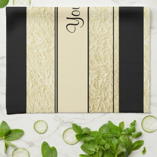 Stilvolle Schwarz-u. Goldfolien-Streifen Geschirrtuch (Gefaltet)