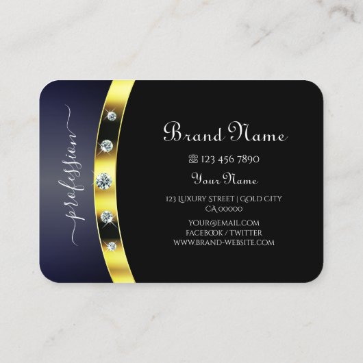 Stilvolle Schwarz und Gold mit Initials Rhinestone Visitenkarte (Rückseite)