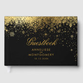 Stilvolle Schwarz-und Goldschneeflocken Gästebuch (Vorderseite)