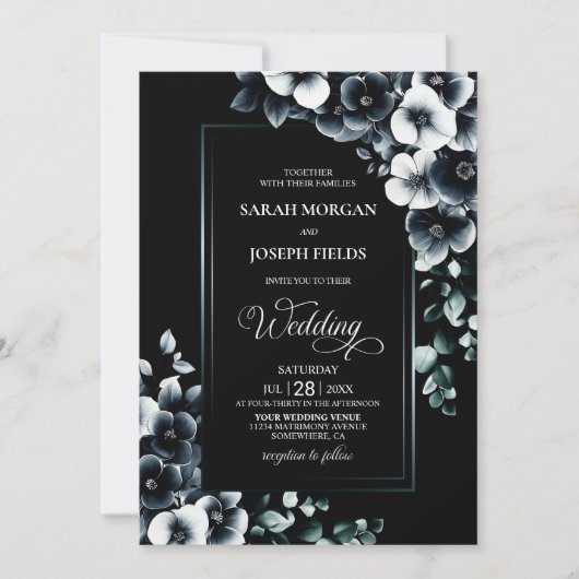Stilvolle Schwarz-Weiß-Blumen-Hochzeit Einladung (Vorderseite)
