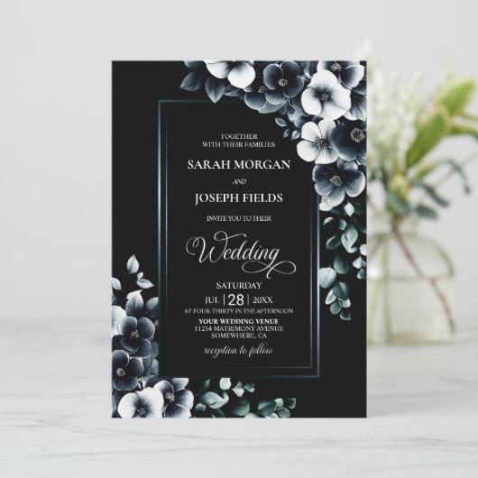 Stilvolle Schwarz-Weiß-Blumen-Hochzeit Einladung (Stehend Vorderseite)