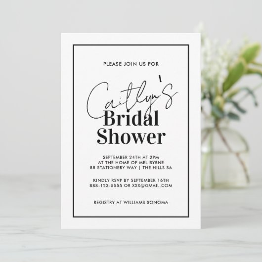 Stilvolle Schwarz-Weiß-Brautdusche Einladung (Stehend Vorderseite)