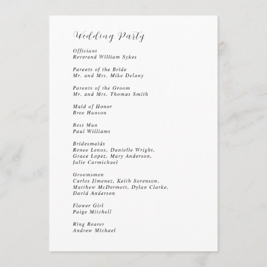 Stilvolle Schwarz-Weiß-Hochzeit Programm (Rückseite)