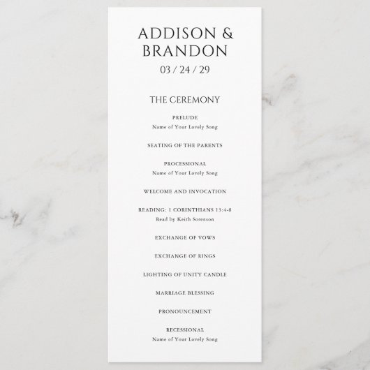 Stilvolle Schwarz-Weiß-Hochzeit Programm (Vorderseite)