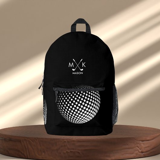 Stilvolle Schwarz-Weiß-Modern-Golf-Ball Monogram Bedruckter Rucksack