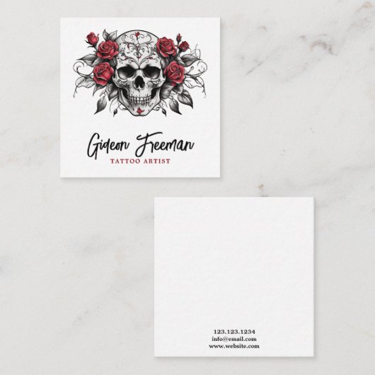 Stilvolle Schwarz-Weiß Roses Skull Tattoo Artist Quadratische Visitenkarte (Vorne/Hinten)
