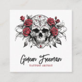 Stilvolle Schwarz-Weiß Roses Skull Tattoo Artist Quadratische Visitenkarte (Vorderseite)