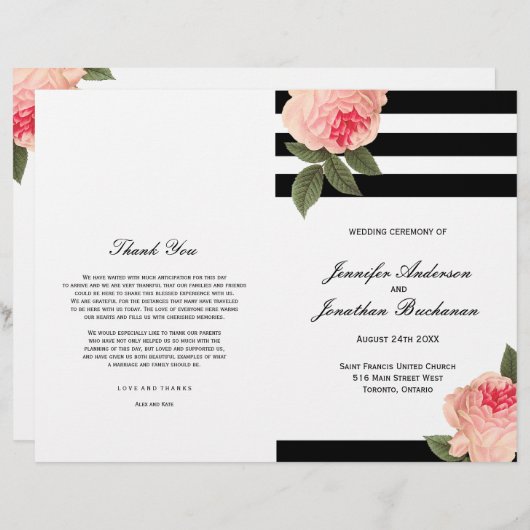 Stilvolle Schwarz-Weiß-Streifen Hochzeitsprogramme (Vorne/Hinten)