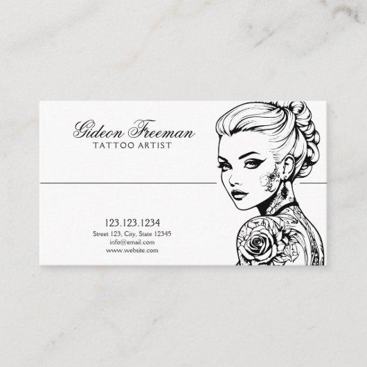 Stilvolle Schwarz-Weiß-Tattooid-Lady Tattoo-Künstl Visitenkarte (Vorderseite)