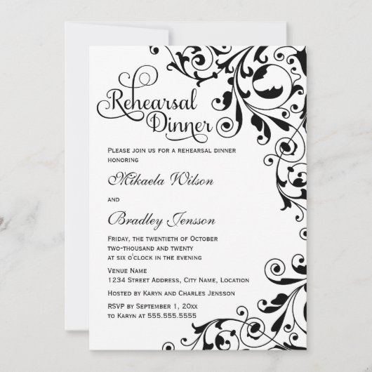 Stilvolle Schwarz-Weiß-Wirbel Probe Dinner Einladung (Vorderseite)