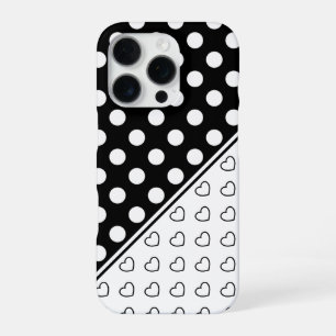 Stilvolle schwarz-weiße Polka-Punkte und -Herzen iPhone 16 Pro Hülle