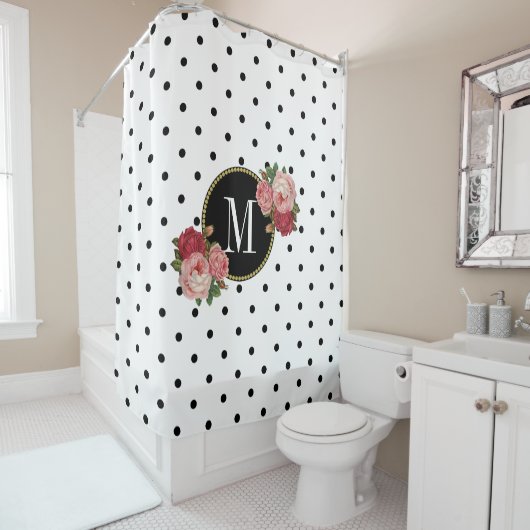 Stilvolle Schwarz-weiße Punkte Antikes florales Mo Duschvorhang (Beispiel)