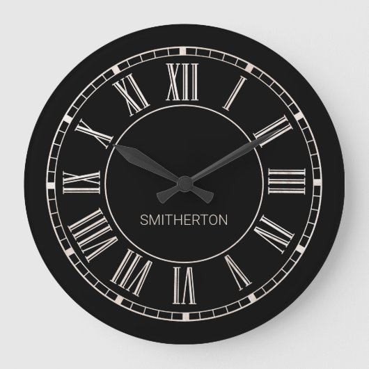 Stilvolle Schwarz-weiße römische Zahlen Name Große Wanduhr (Vorderseite)