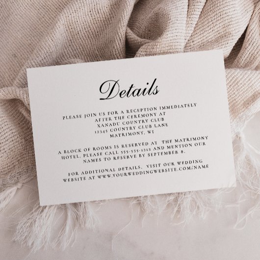 Stilvolle Schwarz-weiße Script-Hochzeitdetails Begleitkarte