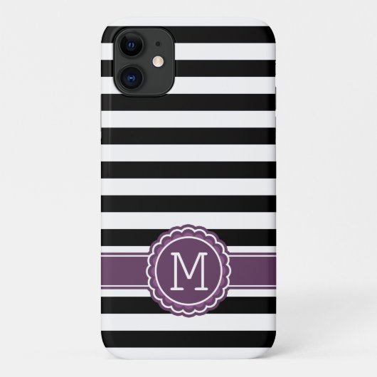 Stilvolle Schwarz-weiße Streifen Lila Monogramm Case-Mate iPhone Hülle (Rückseite)