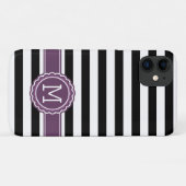 Stilvolle Schwarz-weiße Streifen Lila Monogramm Case-Mate iPhone Hülle (Rückseite (Horizontal))
