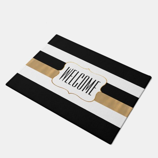 Stilvolle Schwarz-weiße und goldgestreifte Türmatt Fußmatte (Schrägansicht)