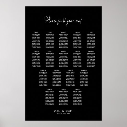 Stilvolle schwarze 17 Tisch Hochzeitskarte Poster (Vorne)