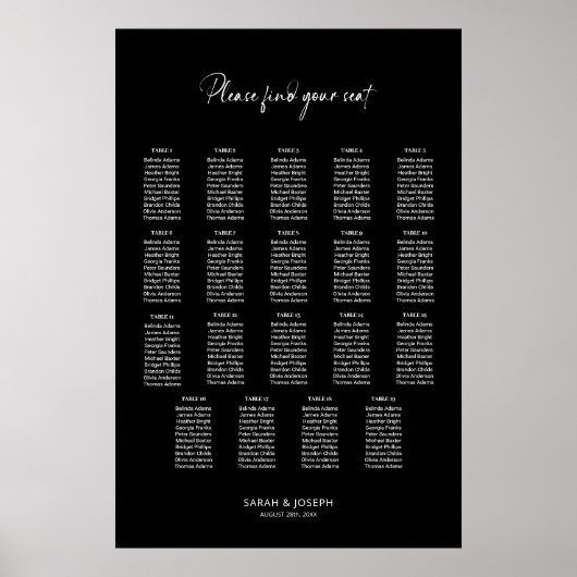 Stilvolle schwarze 19 Tisch Hochzeitskarte Poster (Vorne)
