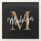 Stilvolle schwarze Gold Monogram Feminine Script N Glasuntersetzer (Vorderseite)