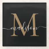 Stilvolle schwarze Gold Monogram Feminine Script N Glasuntersetzer (Vorderseite)