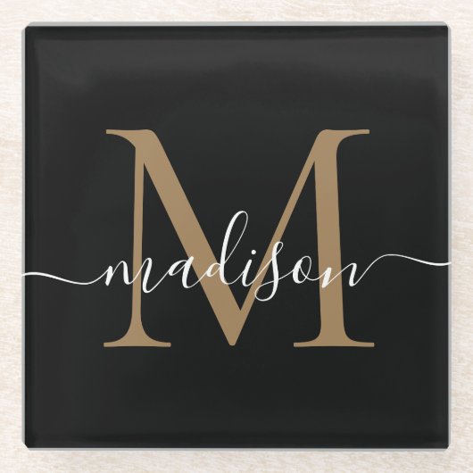 Stilvolle schwarze Gold Monogram Feminine Script N Glasuntersetzer (Vorderseite)