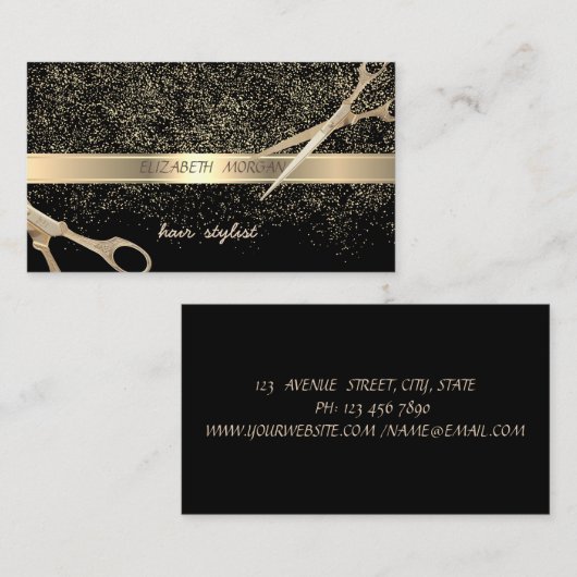 Stilvolle, schwarze, goldene Konfetti, Scheren Visitenkarte (Vorne/Hinten)