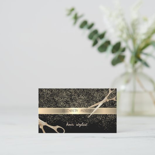 Stilvolle, schwarze, goldene Konfetti, Scheren Visitenkarte (Stehend Vorderseite)