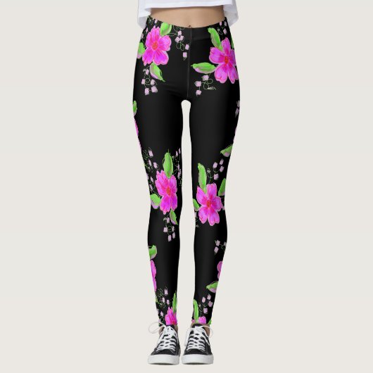 Stilvolle schwarze Leggings mit rosa Blume (Vorderseite)