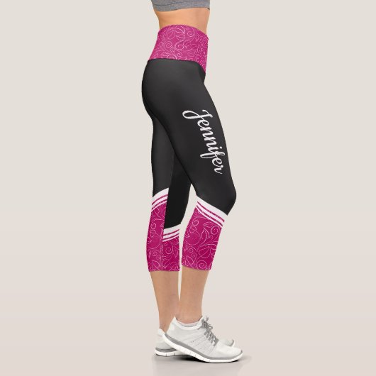 Stilvolle schwarze magenta bläserne weiße Streifen Capri Leggings (Rechts)
