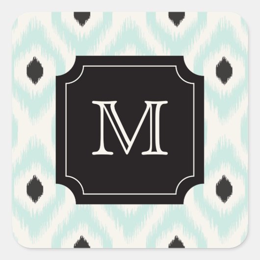 Stilvolle Schwarze Minze Diamant Ikat Monogram Quadratischer Aufkleber (Vorderseite)