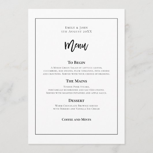 Stilvolle schwarze Typografie und Rahmen Menükarte (Vorderseite)