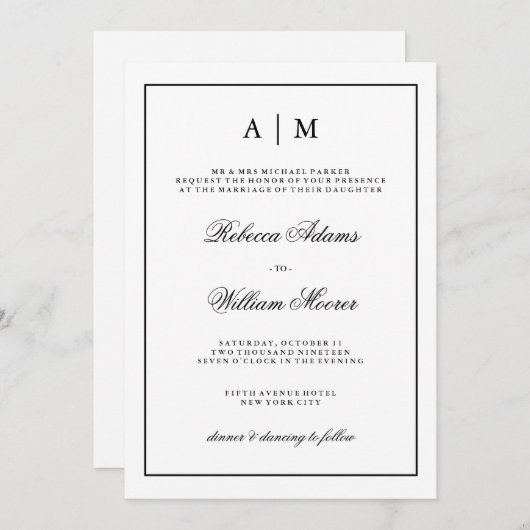 Stilvolle Schwarzweiss-Hochzeits-Einladung Einladung (Vorne/Hinten)