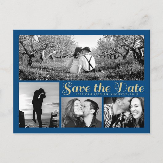 Stilvolle Script Blue Save the Date Collage Postca Ankündigungspostkarte (Vorderseite)