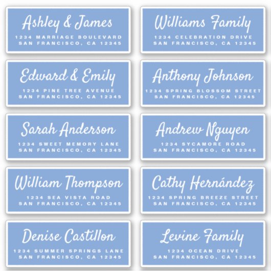 Stilvolle Script Blue Wedding Guest Address Labels (Vorderseite)
