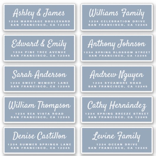 Stilvolle Script Blue Wedding Guest Address Labels (Vorderseite)