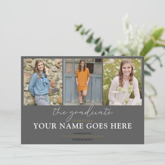 Stilvolle Script Charcoal Gray Foto Abschluss Einladung (Stehend Vorderseite)