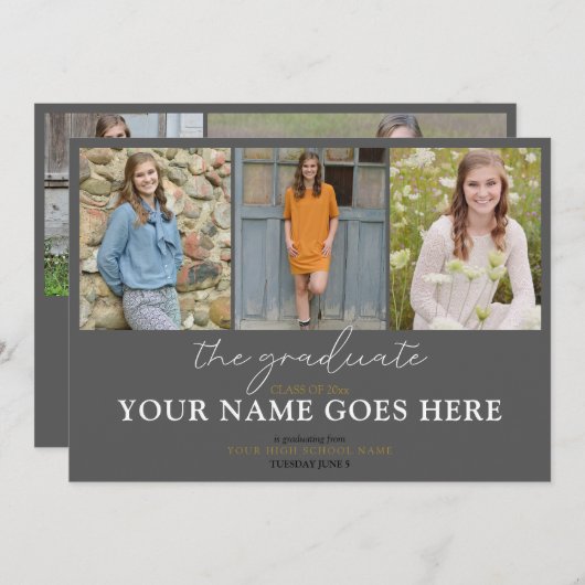 Stilvolle Script Charcoal Gray Foto Abschluss Einladung (Vorne/Hinten)