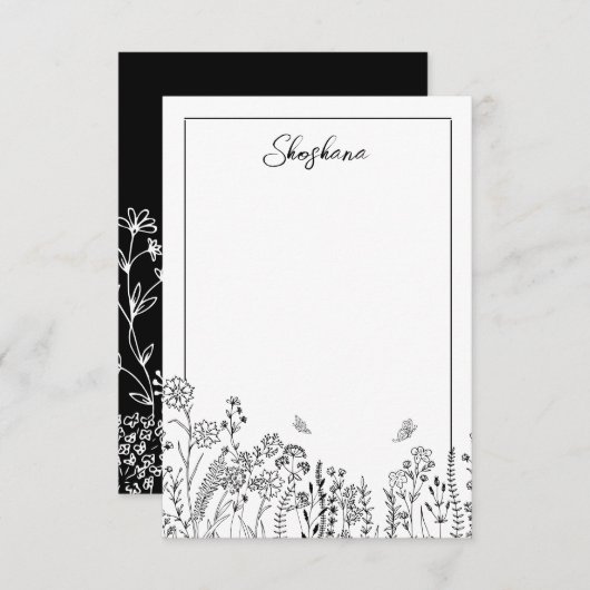 Stilvolle Script Floral Sketch Note Card Mitteilungskarte (Vorne/Hinten)