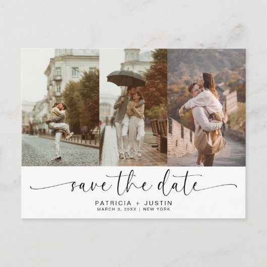 Stilvolle Script Foto Collage Wedding Save the Dat Ankündigungspostkarte (Vorderseite)