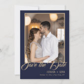 Stilvolle Script Gold und Blue | FOTO Save The Date (Vorderseite)