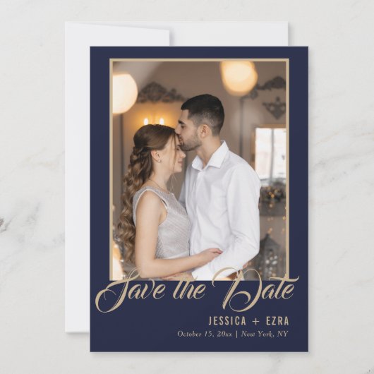 Stilvolle Script Gold und Blue | FOTO Save The Date (Vorderseite)