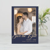 Stilvolle Script Gold und Blue | FOTO Save The Date (Stehend Vorderseite)